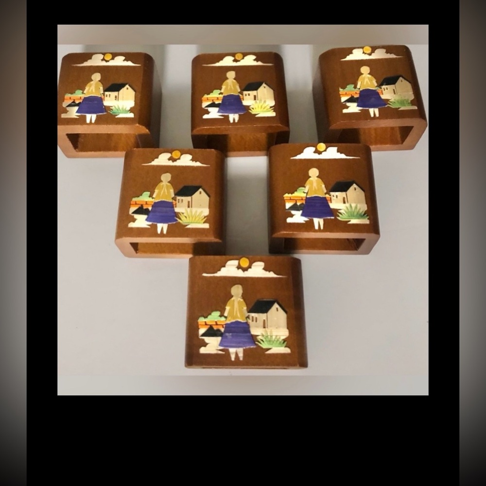 Vintage Bavarian Hand Painted Wooden Napkin Holders 6 piece Set - 1.5” Height